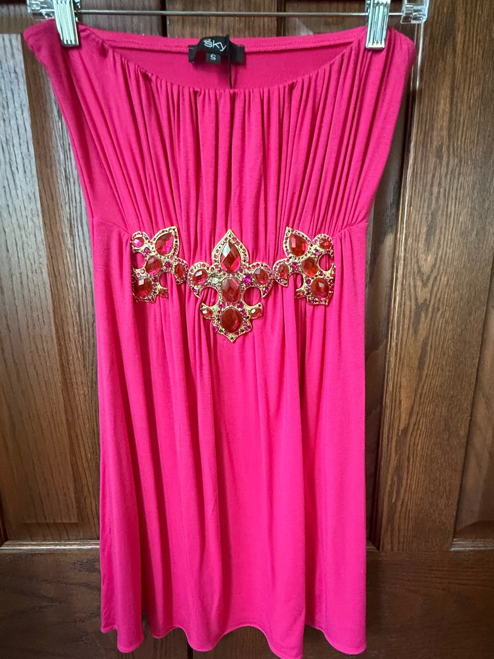 🆕 SKY Brand Y2K Pink Strapless Bejeweled Fleur de Lis Mini Dress / Size S / NWT!